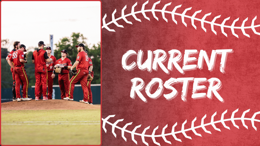 Tri-City Chili Peppers Current Roster menu tile featuring a group of baseball players in red team uniforms huddling on the pitcher's mound beside a "Current Roster" title with white baseball stitch graphics.