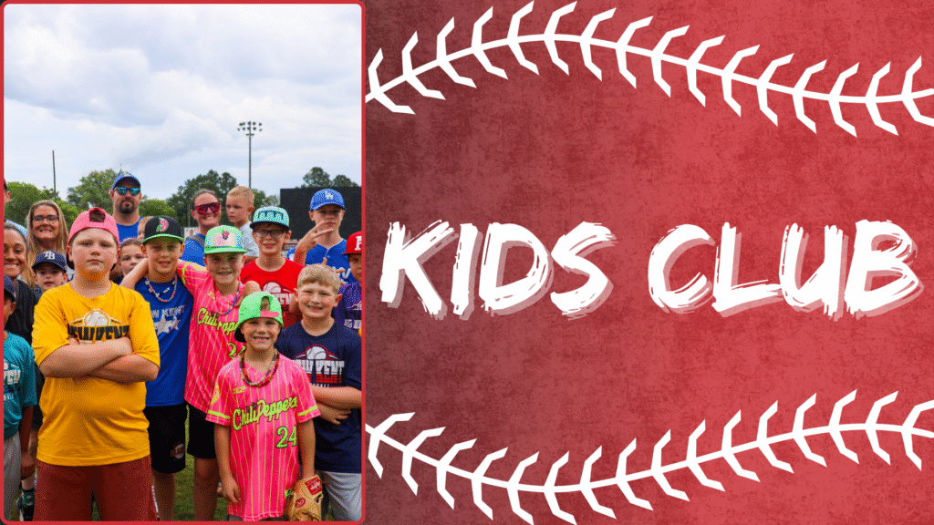 Tri-City Chili Peppers Kids Club menu tile featuring a large group of young baseball fans wearing various team jerseys and colorful hats, next to large white "KIDS CLUB" text on a red background with white baseball stitching.