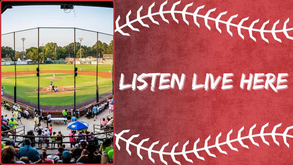 Tri-City Chili Peppers Listen Live Here menu tile featuring an overhead view of a baseball game in progress at Shepherd Stadium with fans in the stands, next to bold white text reading "LISTEN LIVE HERE" on a red background with baseball stitching.