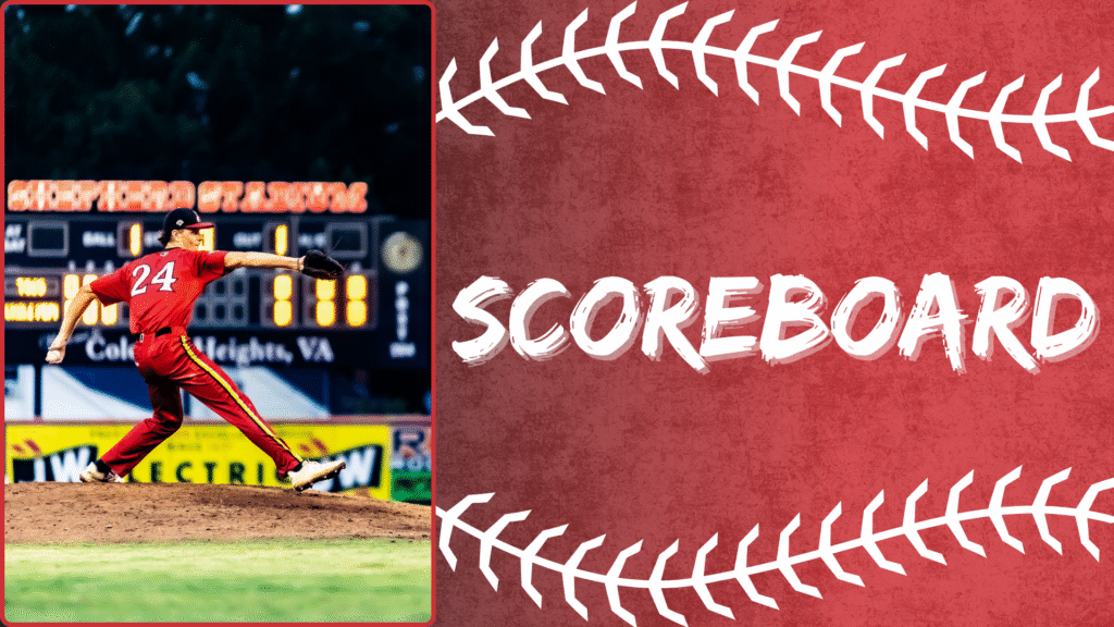 Tri-City Chili Peppers Scoreboard menu tile featuring a baseball pitcher in a red uniform delivering a pitch at Shepherd Stadium in Colonial Heights, VA, next to large white "SCOREBOARD" text on a red background.