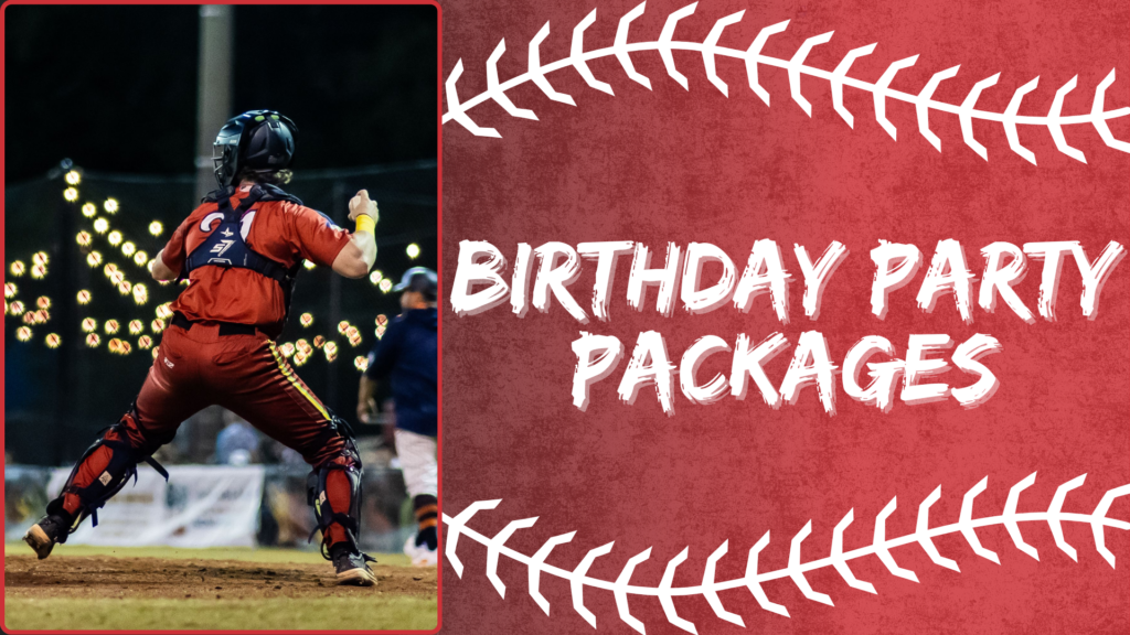 Tri-City Chili Peppers Birthday Party Packages menu tile featuring a catcher in a red and black uniform on the field at night beside a "Birthday Party Packages" title with white baseball stitch graphics.