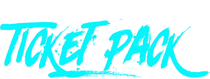 Bold white text reading "BUY A 4-GAME" above cyan distressed brush-style typography reading "TICKET PACK"