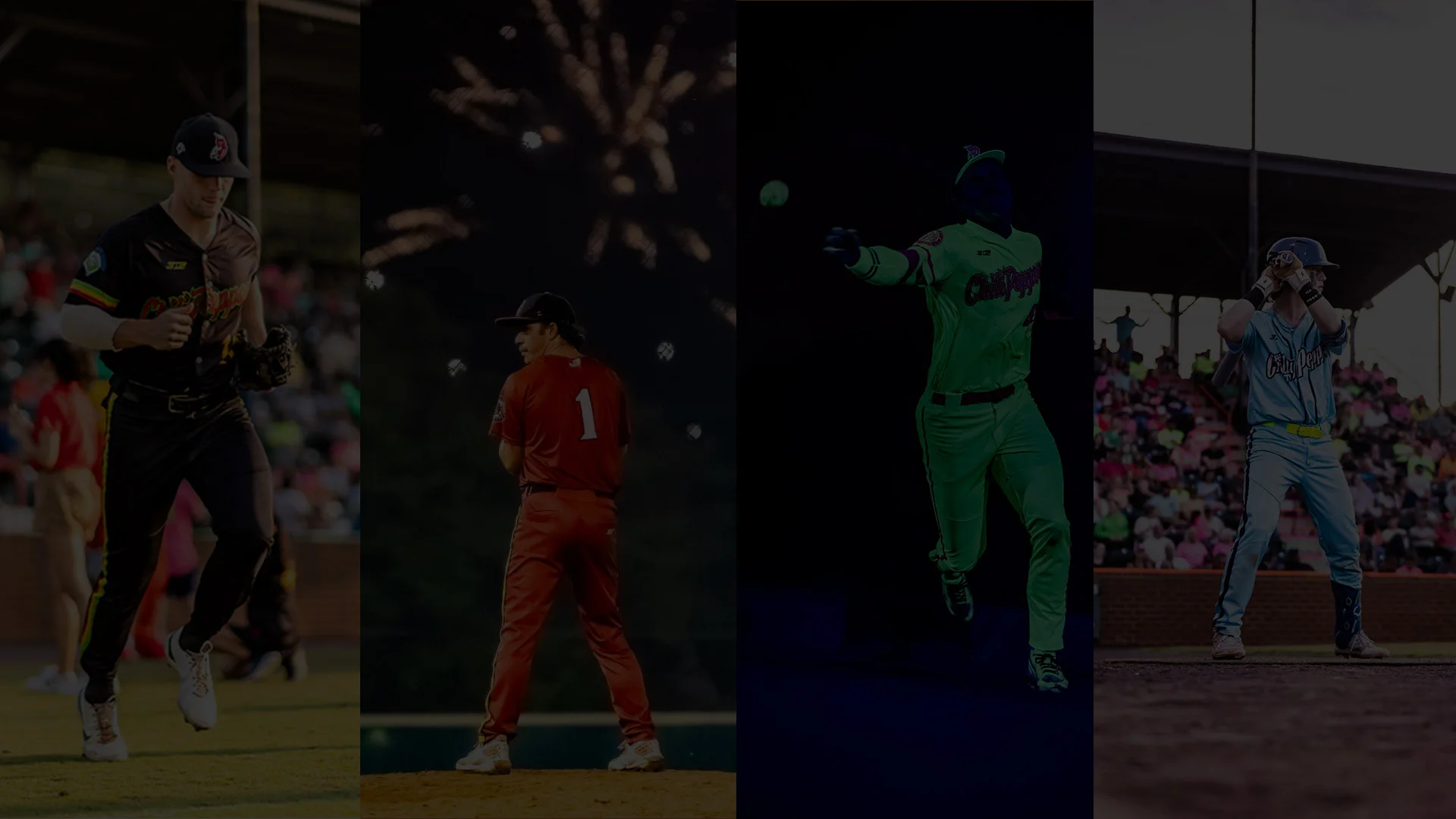Four-panel vertical collage showing different baseball players: one in black, one in red, a catcher in neon glowing gear, and a batter in light blue.
